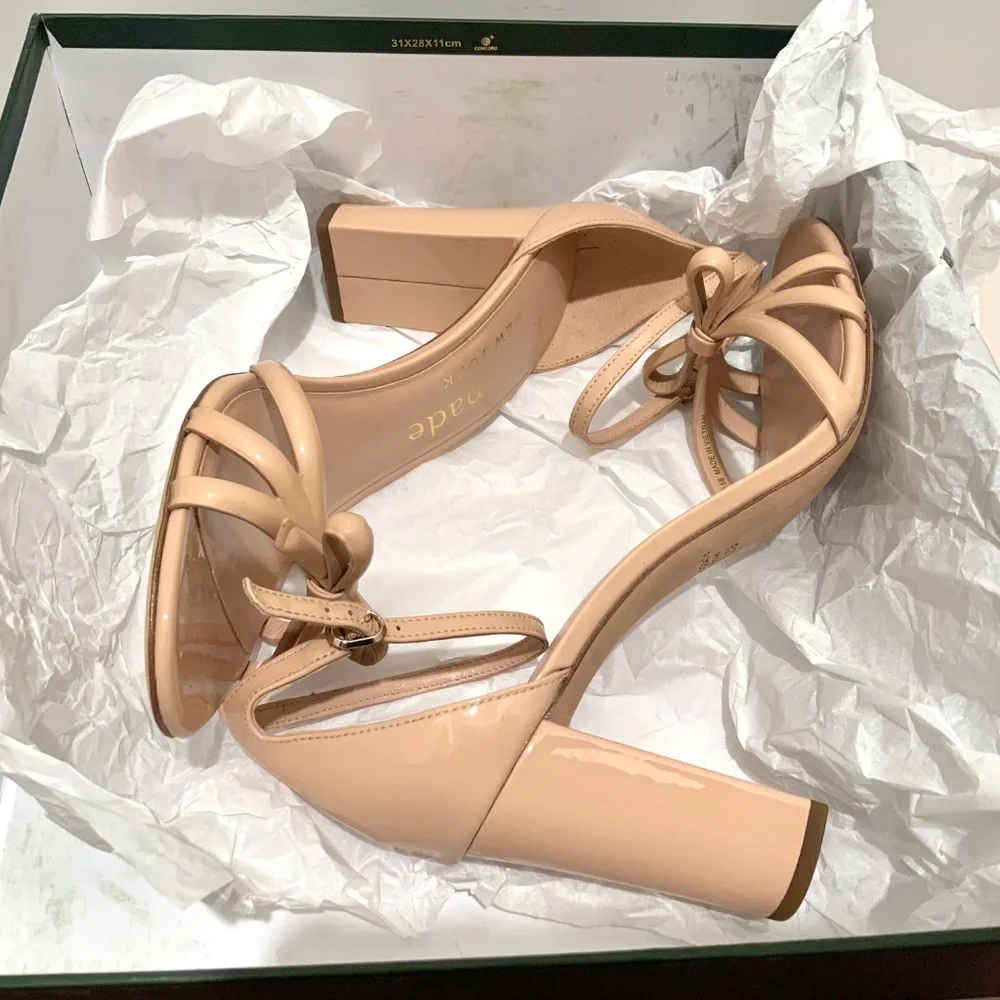 Kate Spade Flamenco Nude Patent Leather Sandal Block Heel Ankle Strap Shoes 10.5
